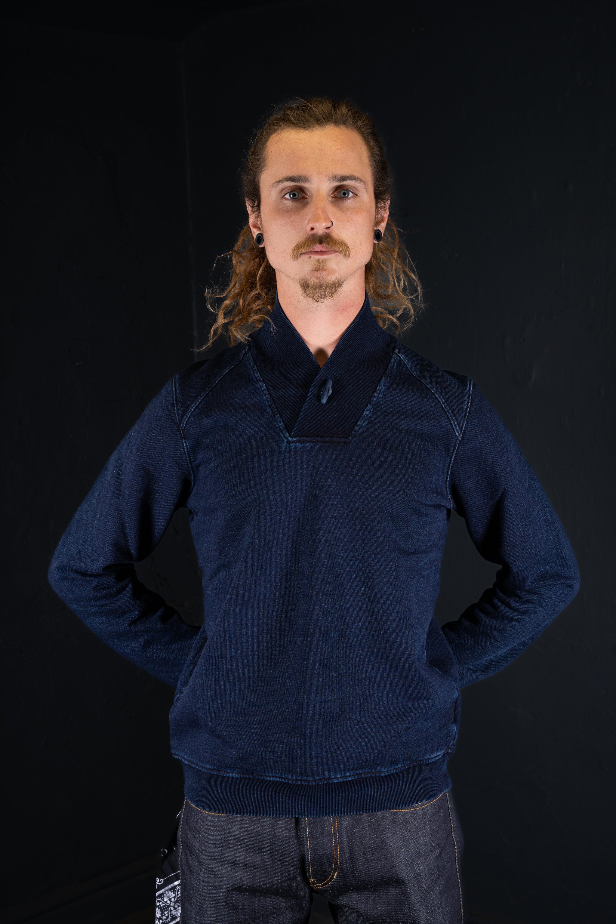 BZEN BLU BLU - M.3023 MARINER REGULAR FIT SHAWL COLLAR KNIT TOP-E1 DARK INDIGO