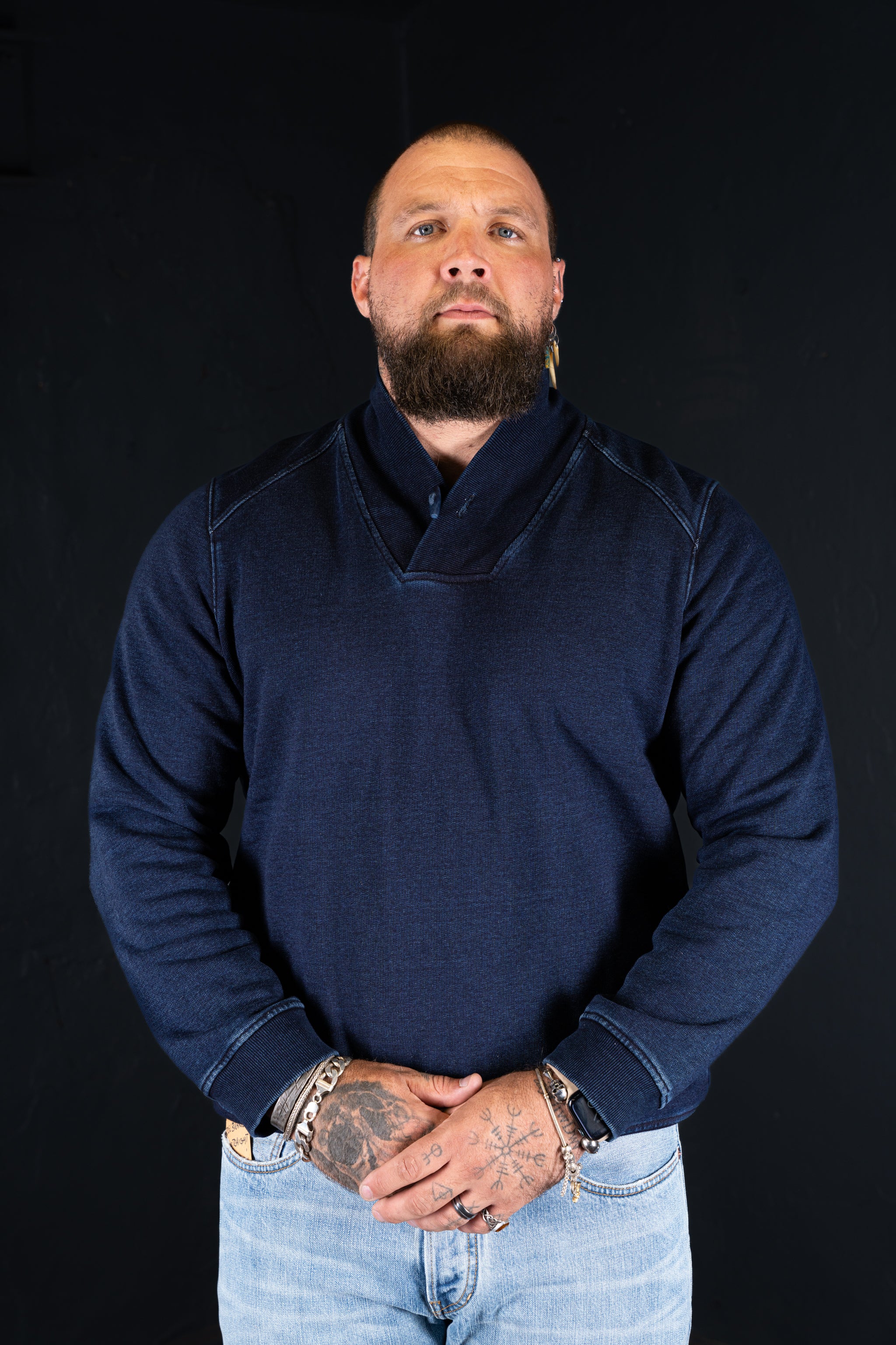 BZEN BLU BLU - M.3023 MARINER REGULAR FIT SHAWL COLLAR KNIT TOP-E1 DARK INDIGO