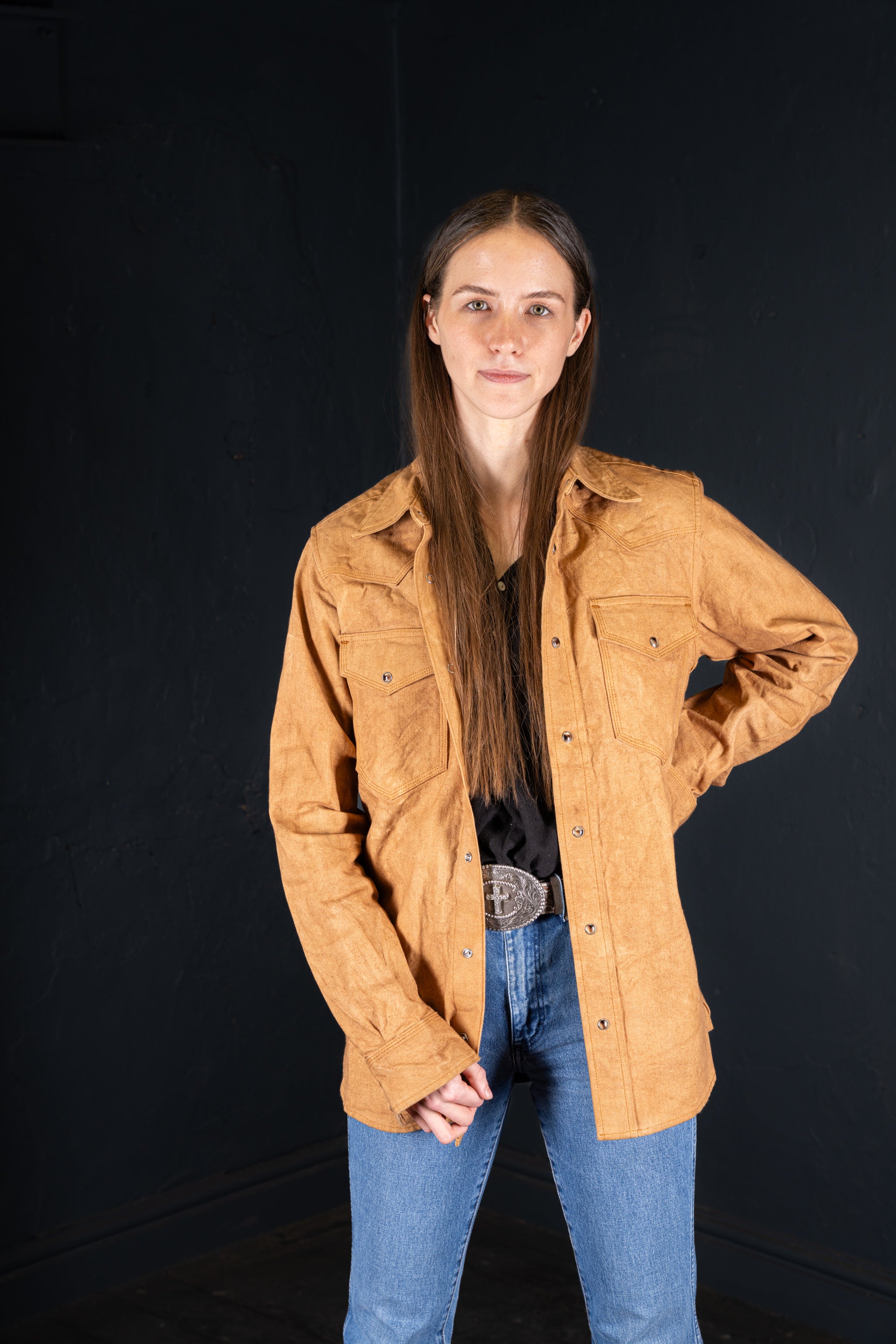 BZEN M.3239R-JESSE-TRIPLE REGULAR FIT TRIPLE NEEDLE WESTERN VEGGIE DYED CANVAS SHIRT-12OZ-E0 KALAHARI