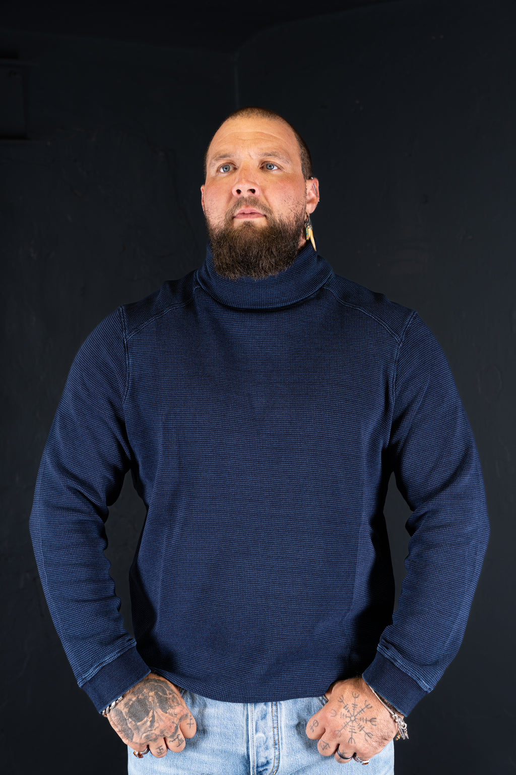 BZEN BLU BLU - M.3213 ENKAI REGULAR FIT INDIGO WAFFLE KNIT TURTLE NECK-250GSM- E1 MIDNIGHT BLUE