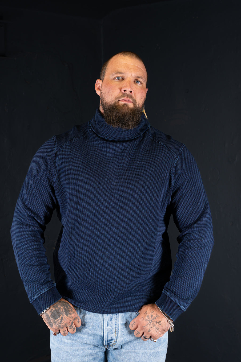 BZEN BLU BLU - M.3213 ENKAI REGULAR FIT INDIGO WAFFLE KNIT TURTLE NECK-250GSM- E1 MIDNIGHT BLUE