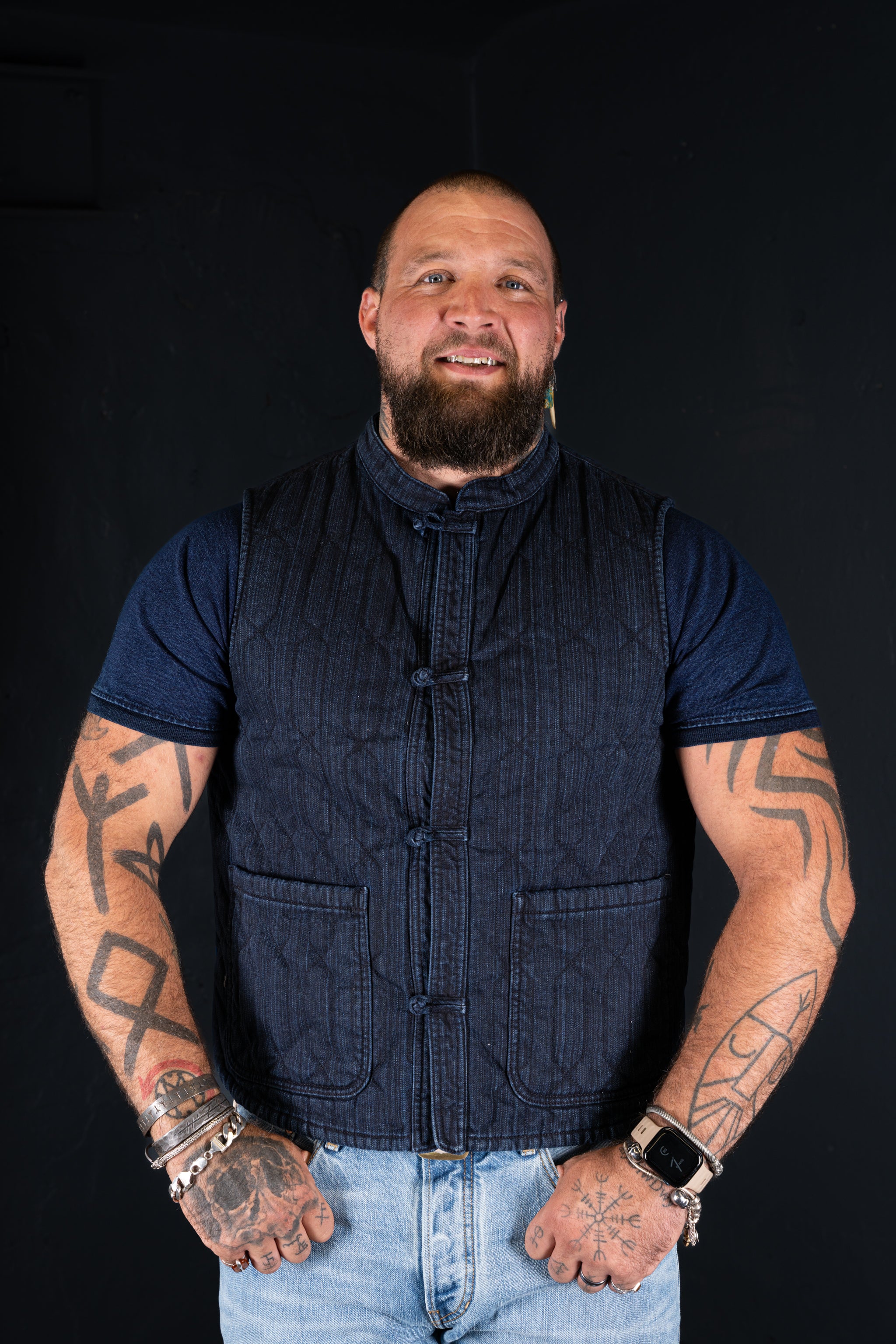 BZEN INDOCHINE - M.3301 QING REGULAR FIT 2 POCKET QUILTED DENIM VEST-8.5oz-E0 BLACK BLUE