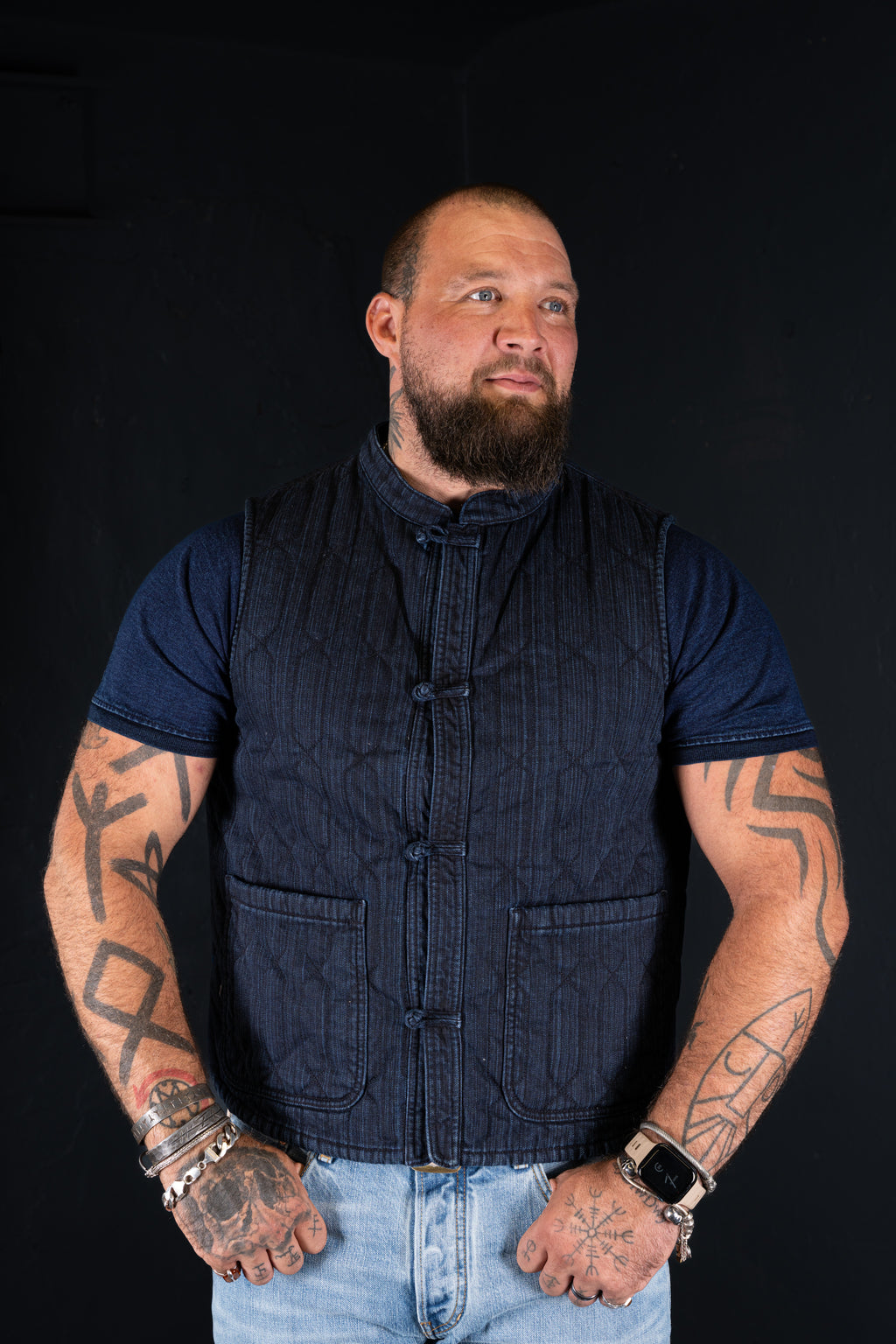 BZEN INDOCHINE - M.3301 QING REGULAR FIT 2 POCKET QUILTED DENIM VEST-8.5oz-E0 BLACK BLUE