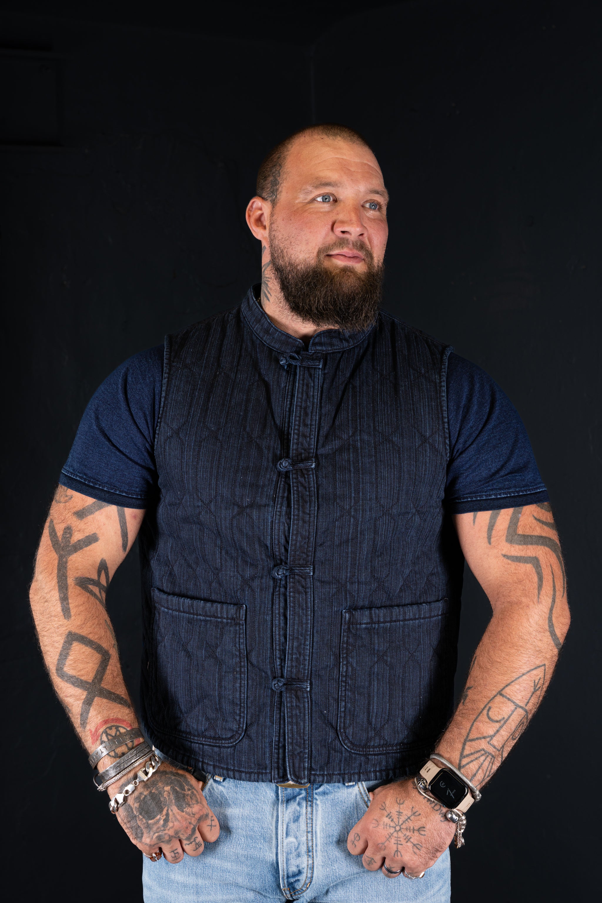 BZEN INDOCHINE - M.3301 QING REGULAR FIT 2 POCKET QUILTED DENIM VEST-8.5oz-E0 BLACK BLUE