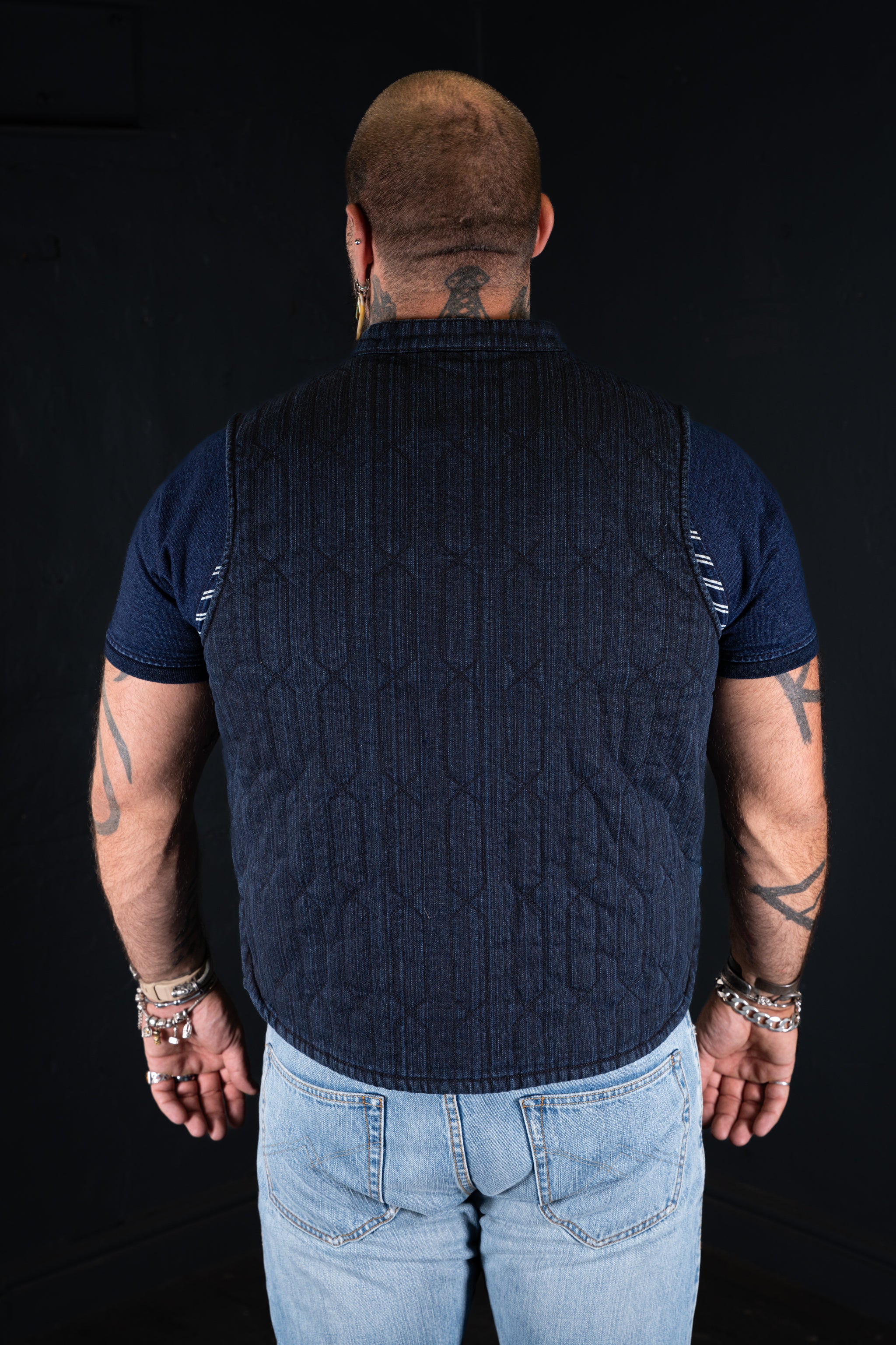 BZEN INDOCHINE - M.3301 QING REGULAR FIT 2 POCKET QUILTED DENIM VEST-8.5oz-E0 BLACK BLUE