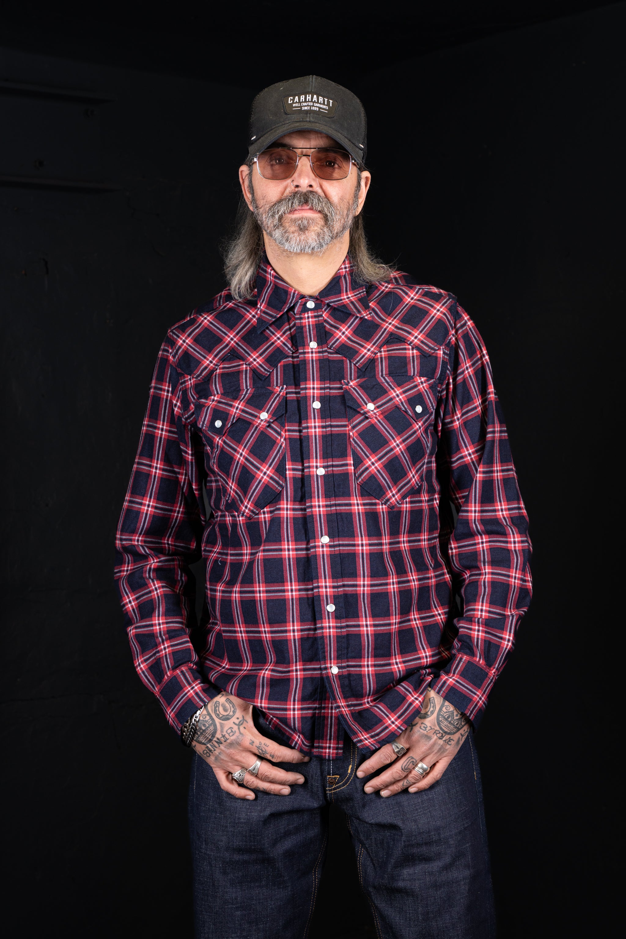 DDL 319R-DIABLO SWT-CR REGULAR FIT 2 POCKET WESTERN INDIGO RED CHECK SHIRT-6.5OZ-E1 INDIGO CHECK