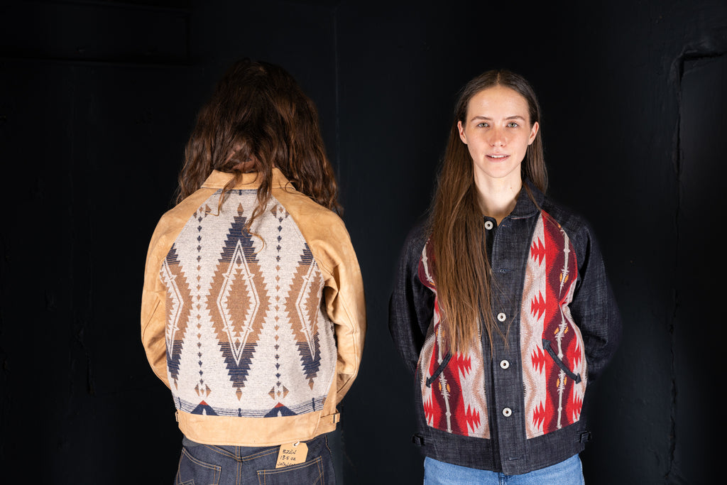 BZEN M.3003R-SANTANA-NBL REGULAR FIT RAGLAN SLEEVE NATIVE AMERICAN MOTIF BLANKET PANEL VEGGIE DYED CANVAS COSSACK JACKET-13.5OZ-E0 GOBI