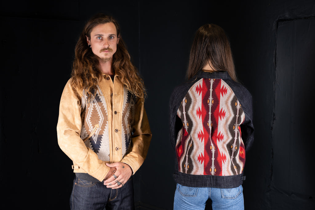 BZEN M.3003R-SANTANA-NBL REGULAR FIT RAGLAN SLEEVE NATIVE AMERICAN MOTIF BLANKET PANEL VEGGIE DYED CANVAS COSSACK JACKET-13.5OZ-E0 GOBI