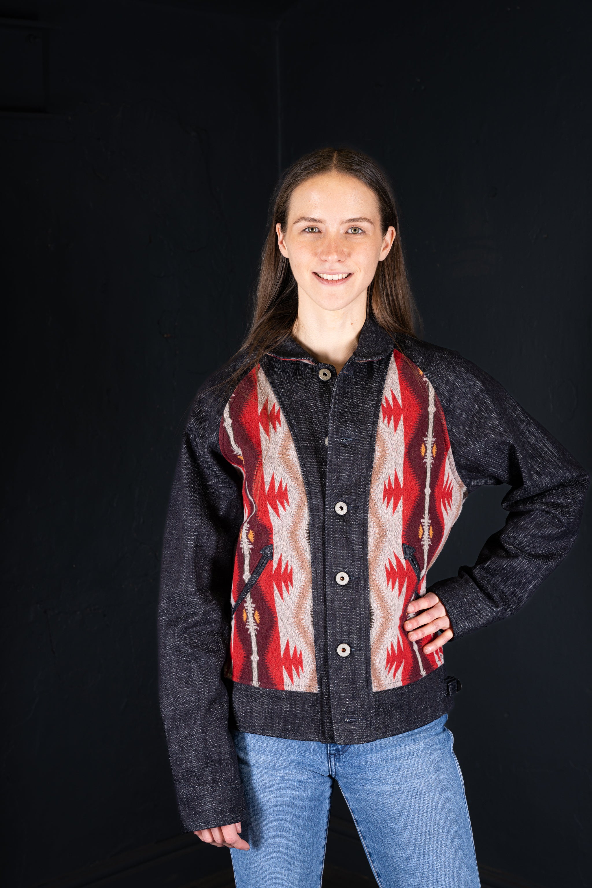 BZEN M.3003R-SANTANA-NR REGULAR FIT RAGLAN SLEEVE NATIVE AMERICAN MOTIF BLANKET PANEL SLUB DENIM COSSACK JACKET-14.5OZ-HRH INDIGO