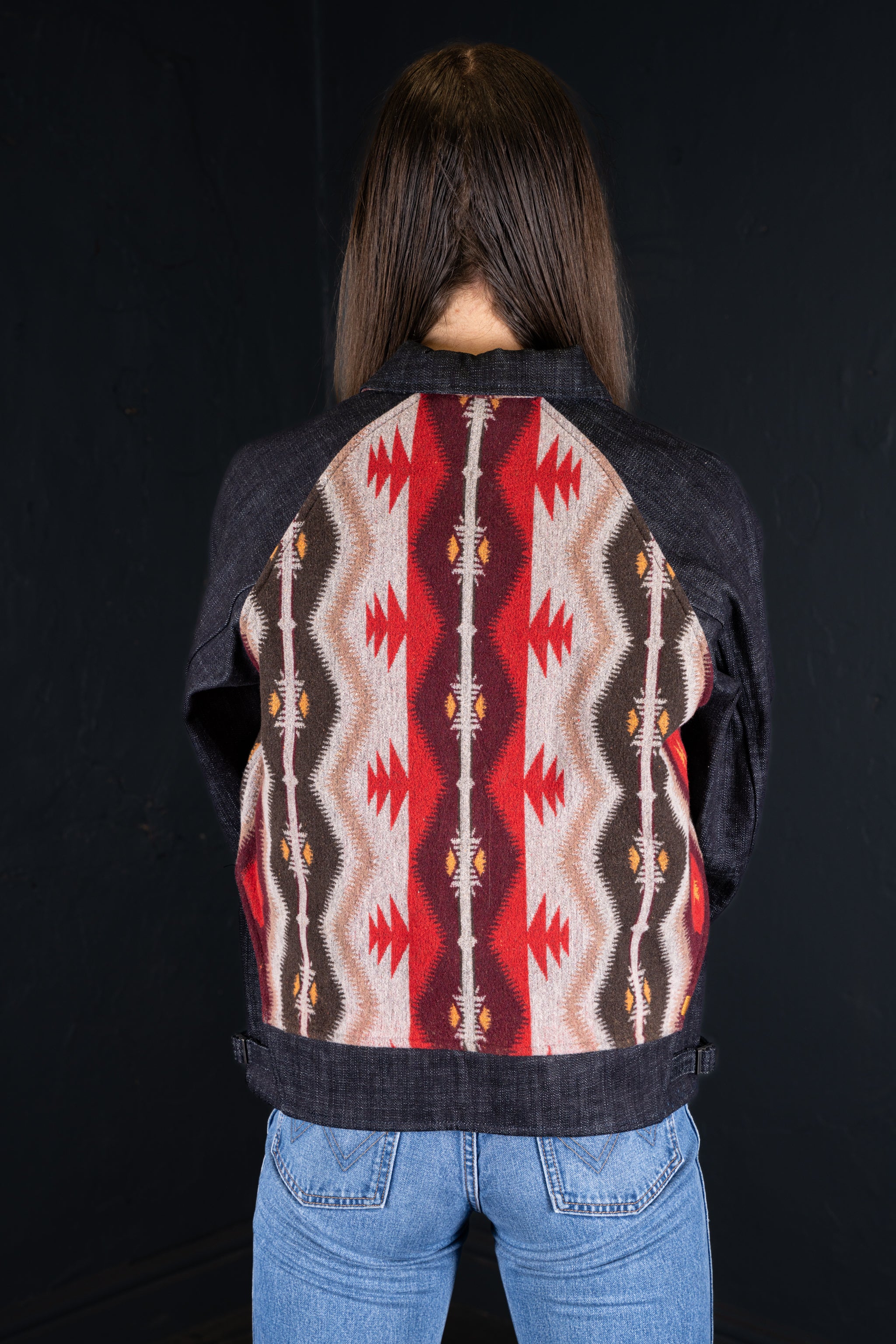 BZEN M.3003R-SANTANA-NR REGULAR FIT RAGLAN SLEEVE NATIVE AMERICAN MOTIF BLANKET PANEL SLUB DENIM COSSACK JACKET-14.5OZ-HRH INDIGO