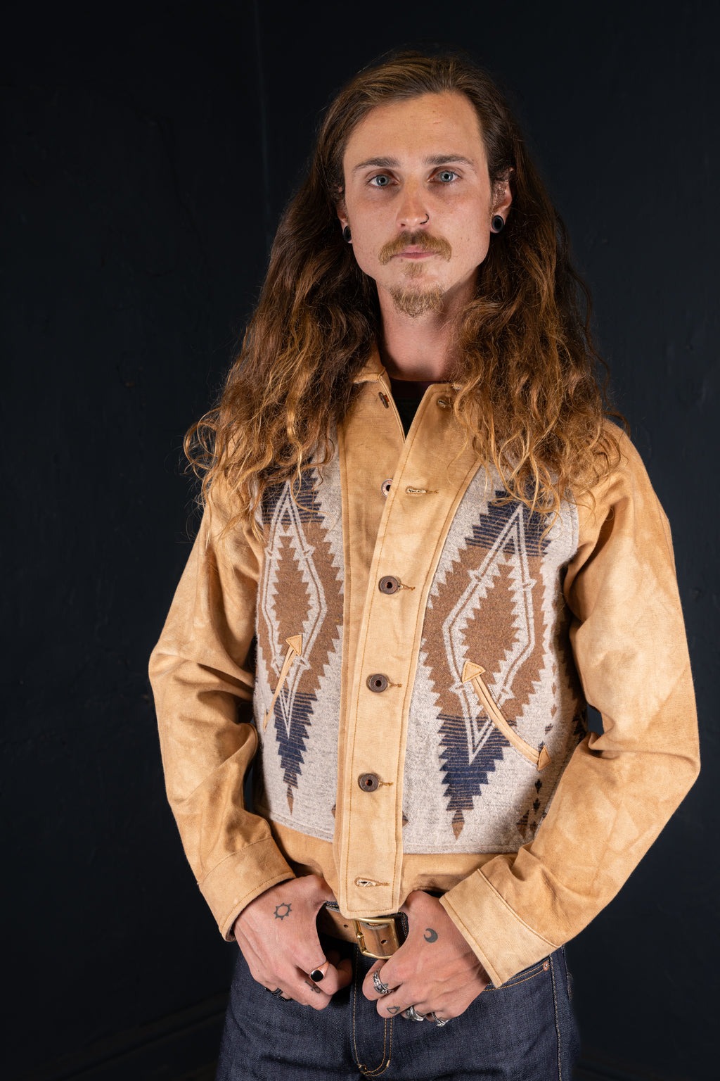 BZEN M.3003R-SANTANA-NBL REGULAR FIT RAGLAN SLEEVE NATIVE AMERICAN MOTIF BLANKET PANEL VEGGIE DYED CANVAS COSSACK JACKET-13.5OZ-E0 GOBI