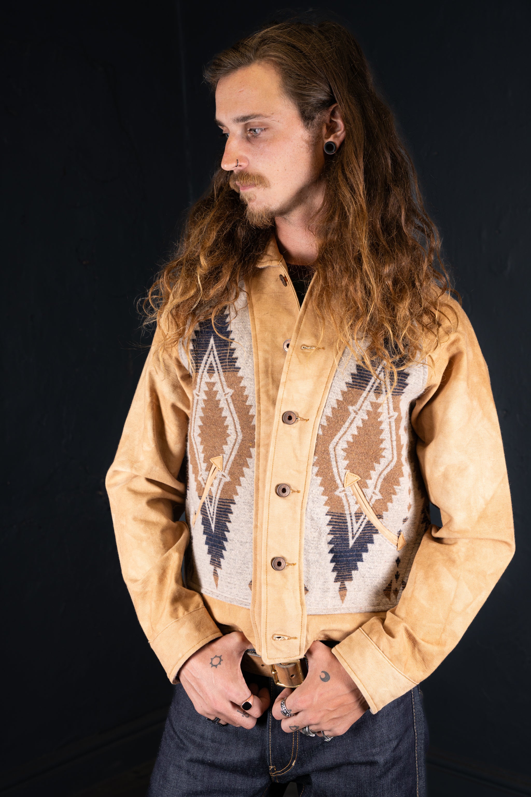 BZEN M.3003R-SANTANA-NBL REGULAR FIT RAGLAN SLEEVE NATIVE AMERICAN MOTIF BLANKET PANEL VEGGIE DYED CANVAS COSSACK JACKET-13.5OZ-E0 GOBI