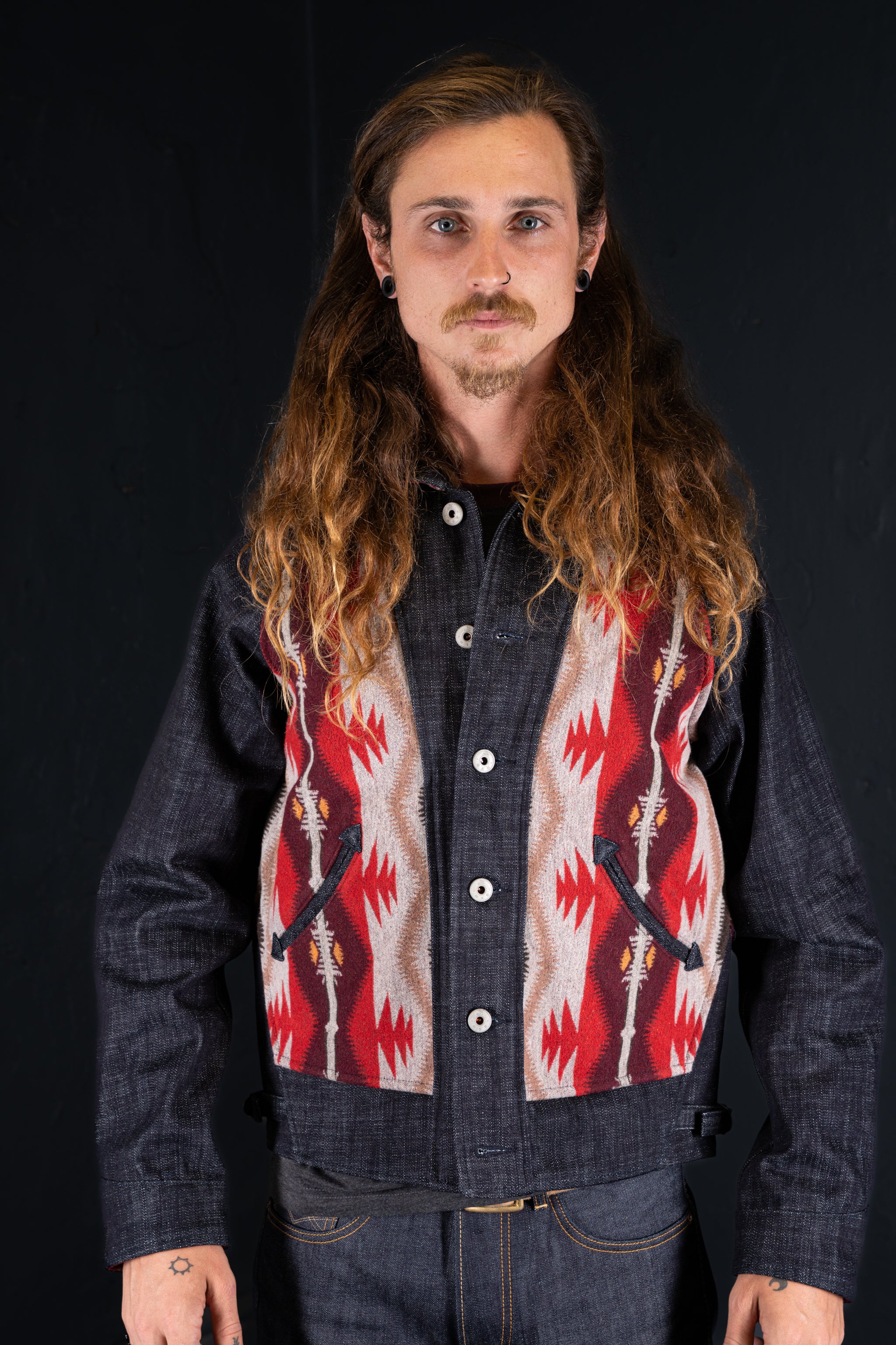 BZEN M.3003R-SANTANA-NR REGULAR FIT RAGLAN SLEEVE NATIVE AMERICAN MOTIF BLANKET PANEL SLUB DENIM COSSACK JACKET-14.5OZ-HRH INDIGO