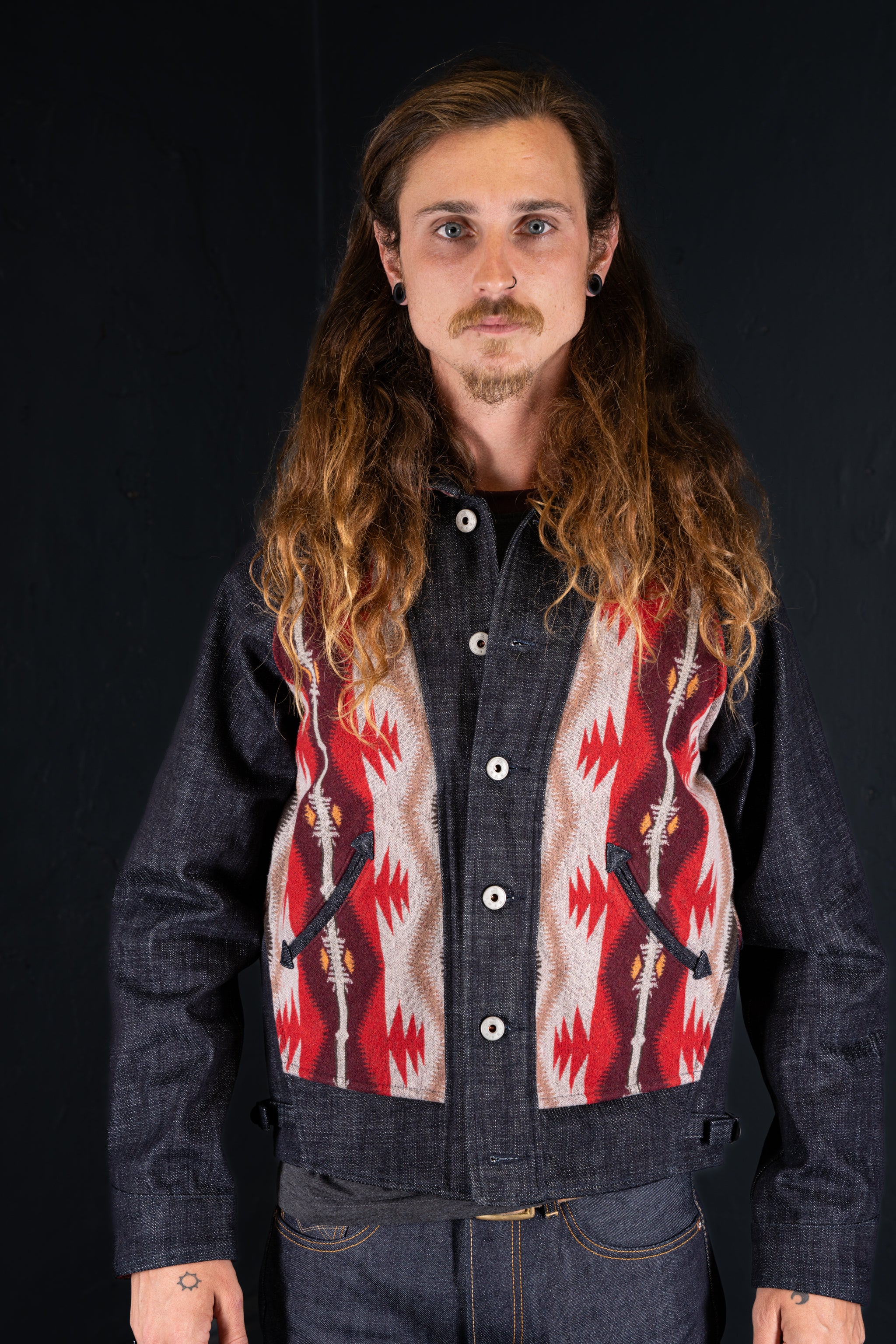 BZEN M.3003R-SANTANA-NR REGULAR FIT RAGLAN SLEEVE NATIVE AMERICAN MOTIF BLANKET PANEL SLUB DENIM COSSACK JACKET-14.5OZ-HRH INDIGO