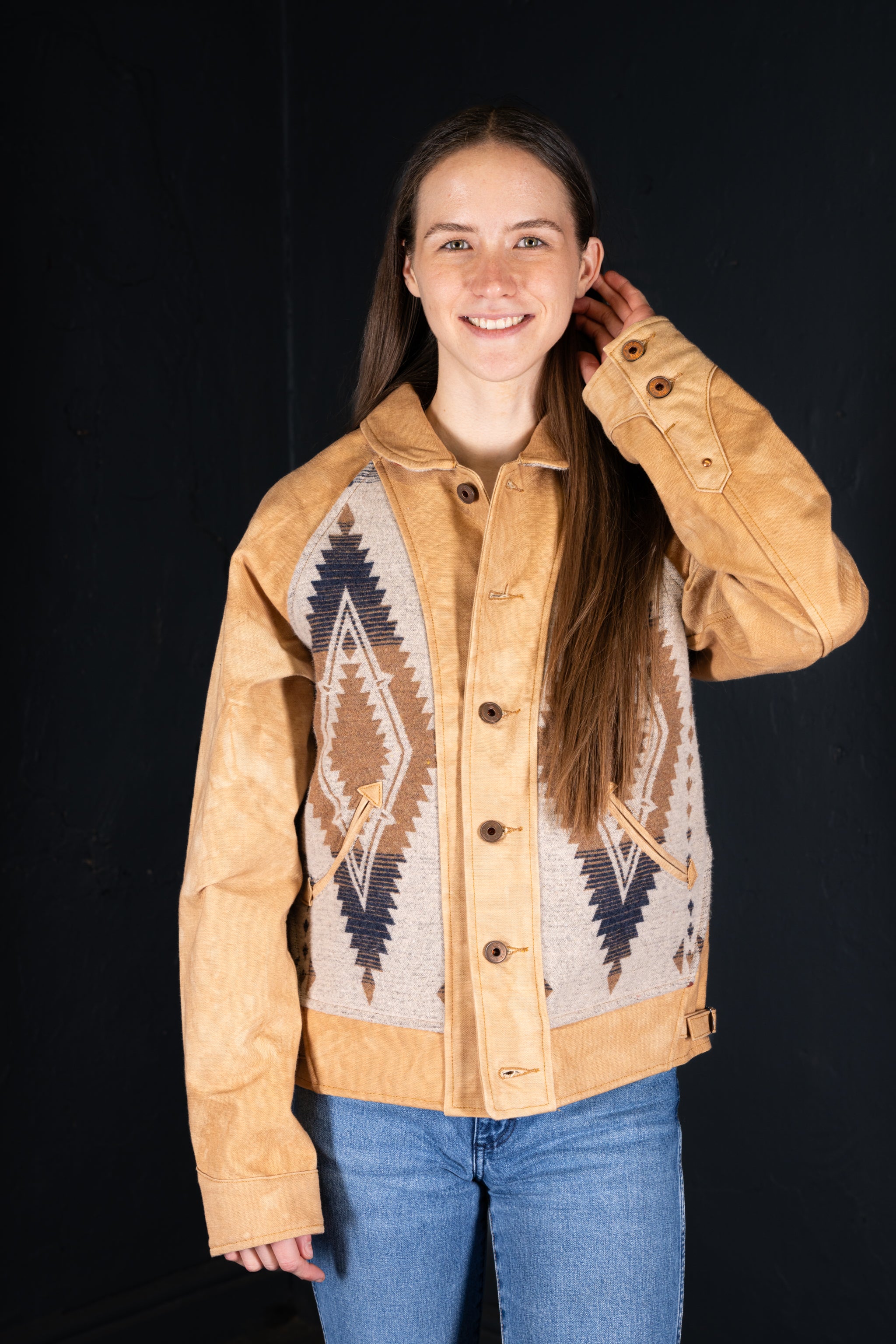 BZEN M.3003R-SANTANA-NBL REGULAR FIT RAGLAN SLEEVE NATIVE AMERICAN MOTIF BLANKET PANEL VEGGIE DYED CANVAS COSSACK JACKET-13.5OZ-E0 GOBI
