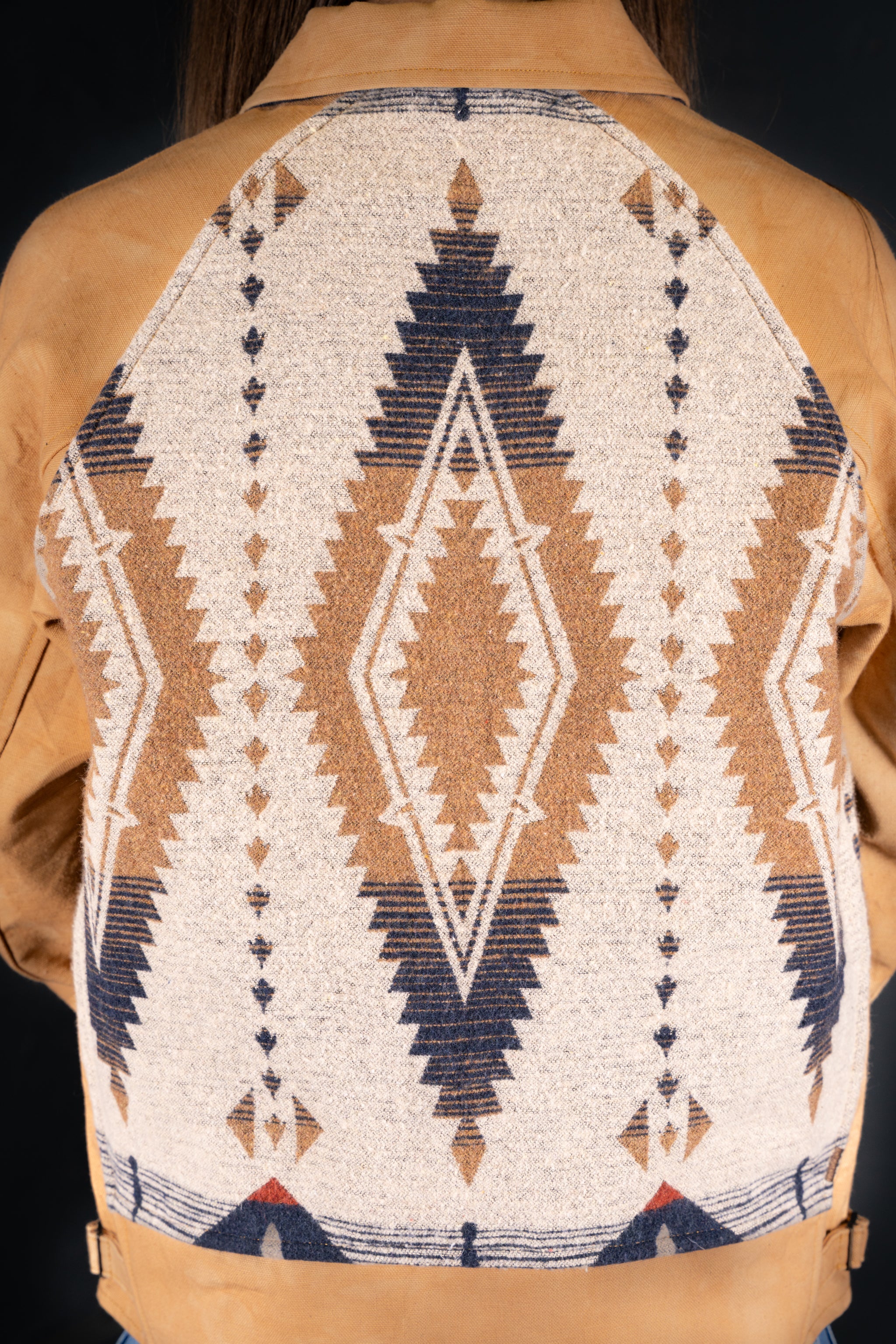 BZEN M.3003R-SANTANA-NBL REGULAR FIT RAGLAN SLEEVE NATIVE AMERICAN MOTIF BLANKET PANEL VEGGIE DYED CANVAS COSSACK JACKET-13.5OZ-E0 GOBI