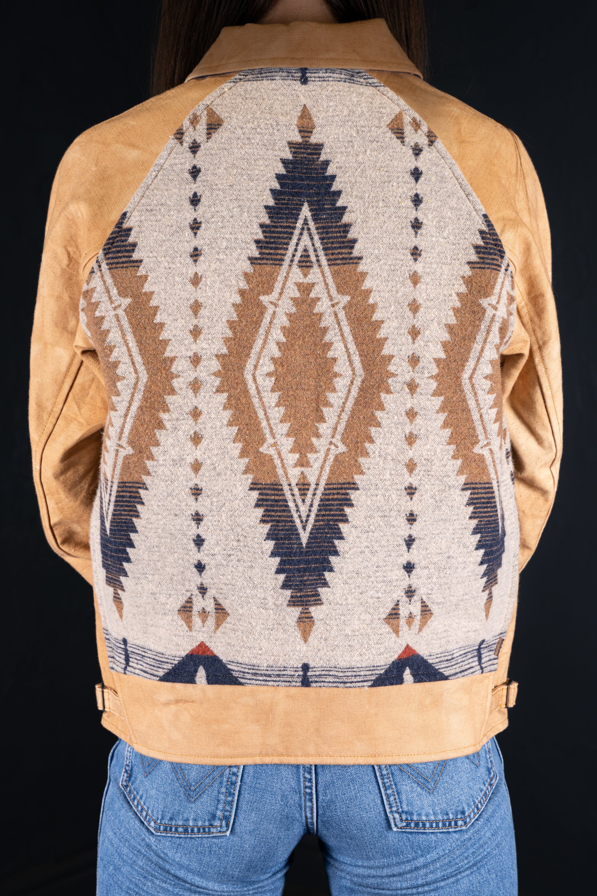 BZEN M.3003R-SANTANA-NBL REGULAR FIT RAGLAN SLEEVE NATIVE AMERICAN MOTIF BLANKET PANEL VEGGIE DYED CANVAS COSSACK JACKET-13.5OZ-E0 GOBI