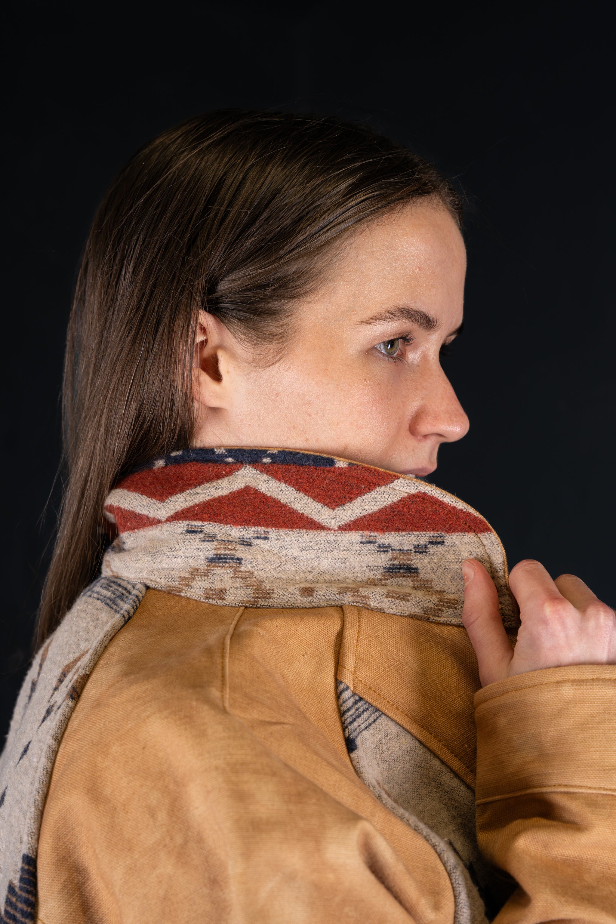 BZEN M.3003R-SANTANA-NBL REGULAR FIT RAGLAN SLEEVE NATIVE AMERICAN MOTIF BLANKET PANEL VEGGIE DYED CANVAS COSSACK JACKET-13.5OZ-E0 GOBI