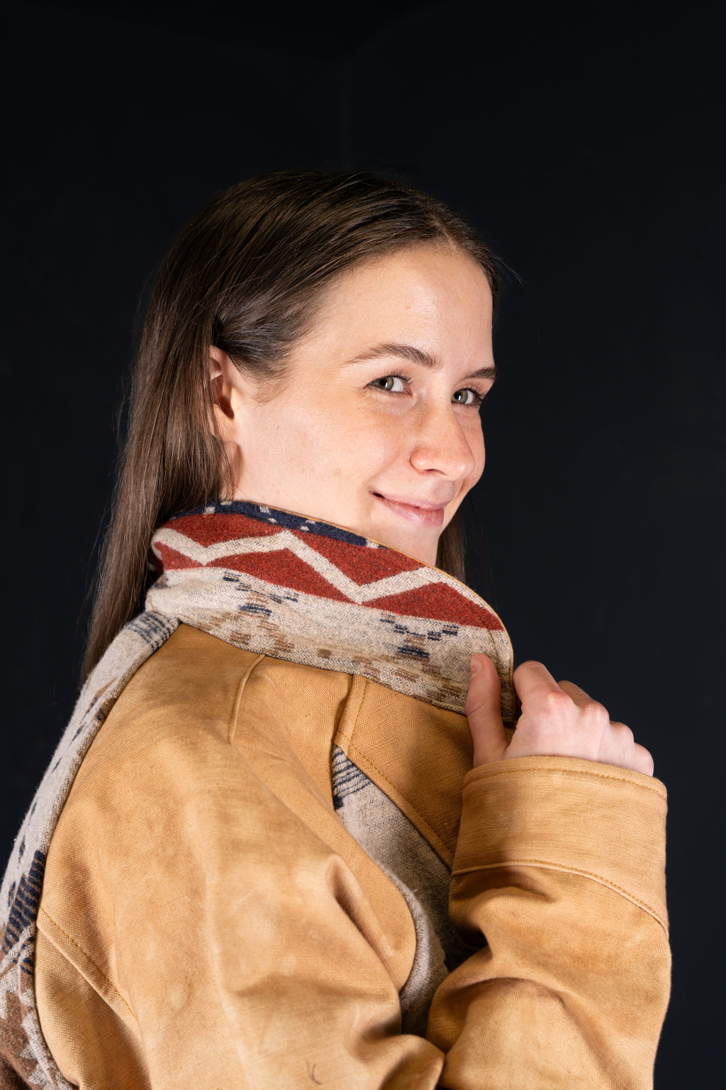 BZEN M.3003R-SANTANA-NBL REGULAR FIT RAGLAN SLEEVE NATIVE AMERICAN MOTIF BLANKET PANEL VEGGIE DYED CANVAS COSSACK JACKET-13.5OZ-E0 GOBI