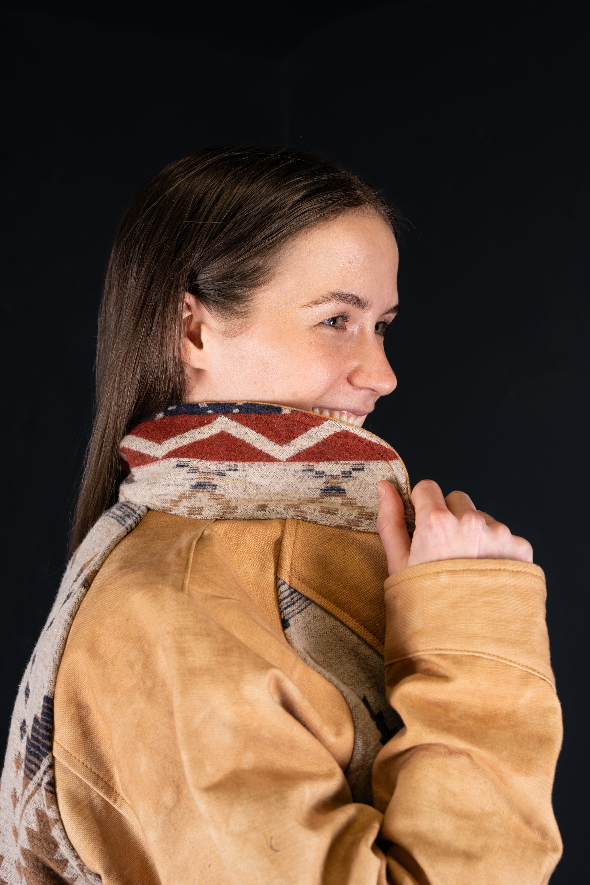 BZEN M.3003R-SANTANA-NBL REGULAR FIT RAGLAN SLEEVE NATIVE AMERICAN MOTIF BLANKET PANEL VEGGIE DYED CANVAS COSSACK JACKET-13.5OZ-E0 GOBI