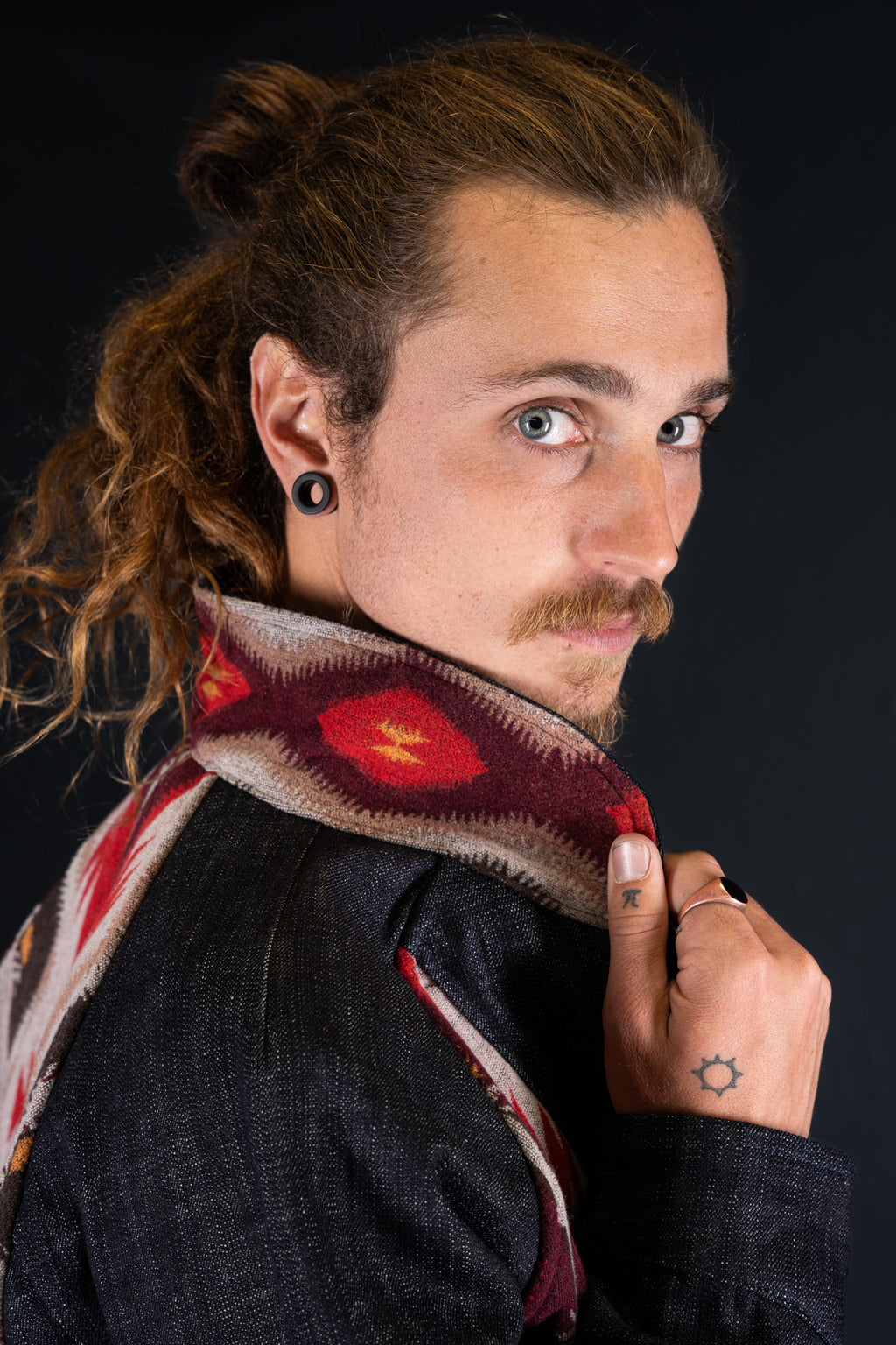 BZEN M.3003R-SANTANA-NR REGULAR FIT RAGLAN SLEEVE NATIVE AMERICAN MOTIF BLANKET PANEL SLUB DENIM COSSACK JACKET-14.5OZ-HRH INDIGO