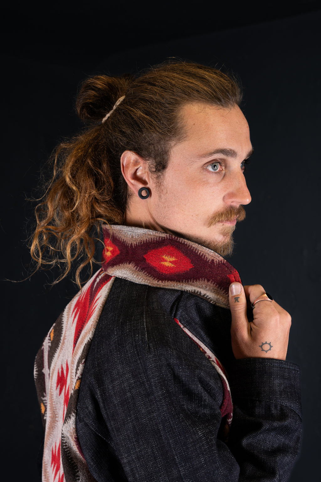 BZEN M.3003R-SANTANA-NR REGULAR FIT RAGLAN SLEEVE NATIVE AMERICAN MOTIF BLANKET PANEL SLUB DENIM COSSACK JACKET-14.5OZ-HRH INDIGO