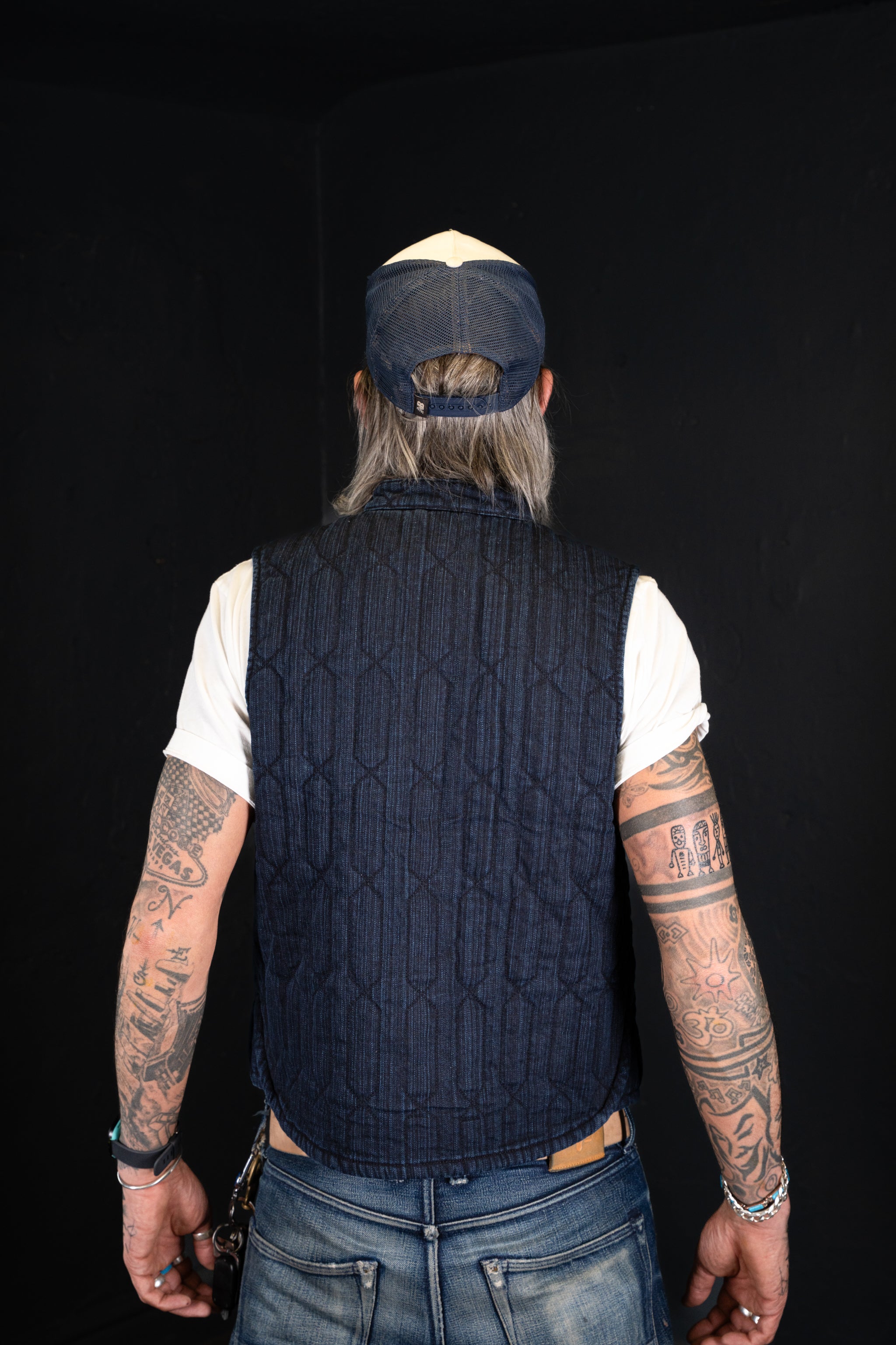 BZEN INDOCHINE - M.3301 QING REGULAR FIT 2 POCKET QUILTED DENIM VEST-8.5oz-E0 BLACK BLUE