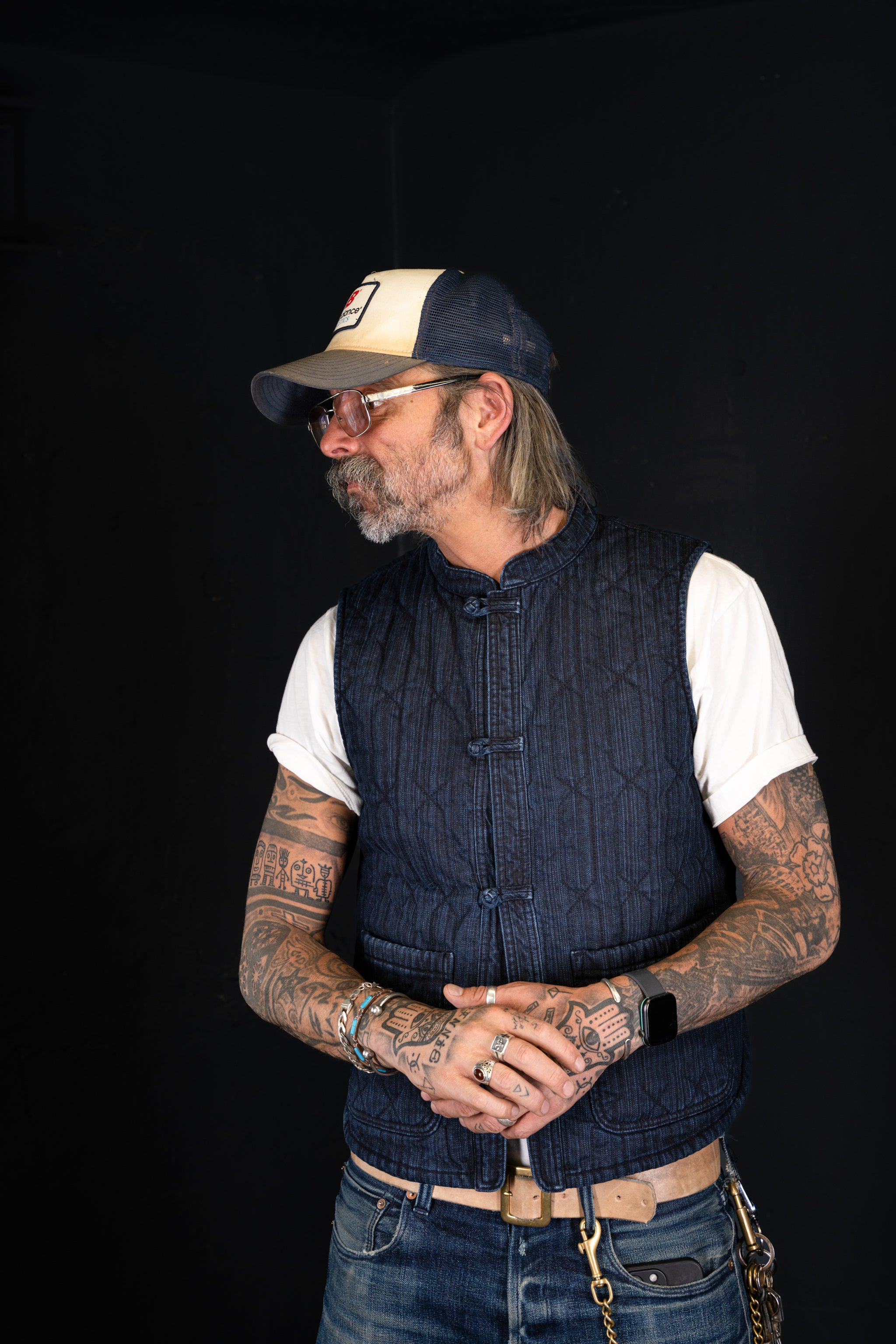 BZEN INDOCHINE - M.3301 QING REGULAR FIT 2 POCKET QUILTED DENIM VEST-8.5oz-E0 BLACK BLUE