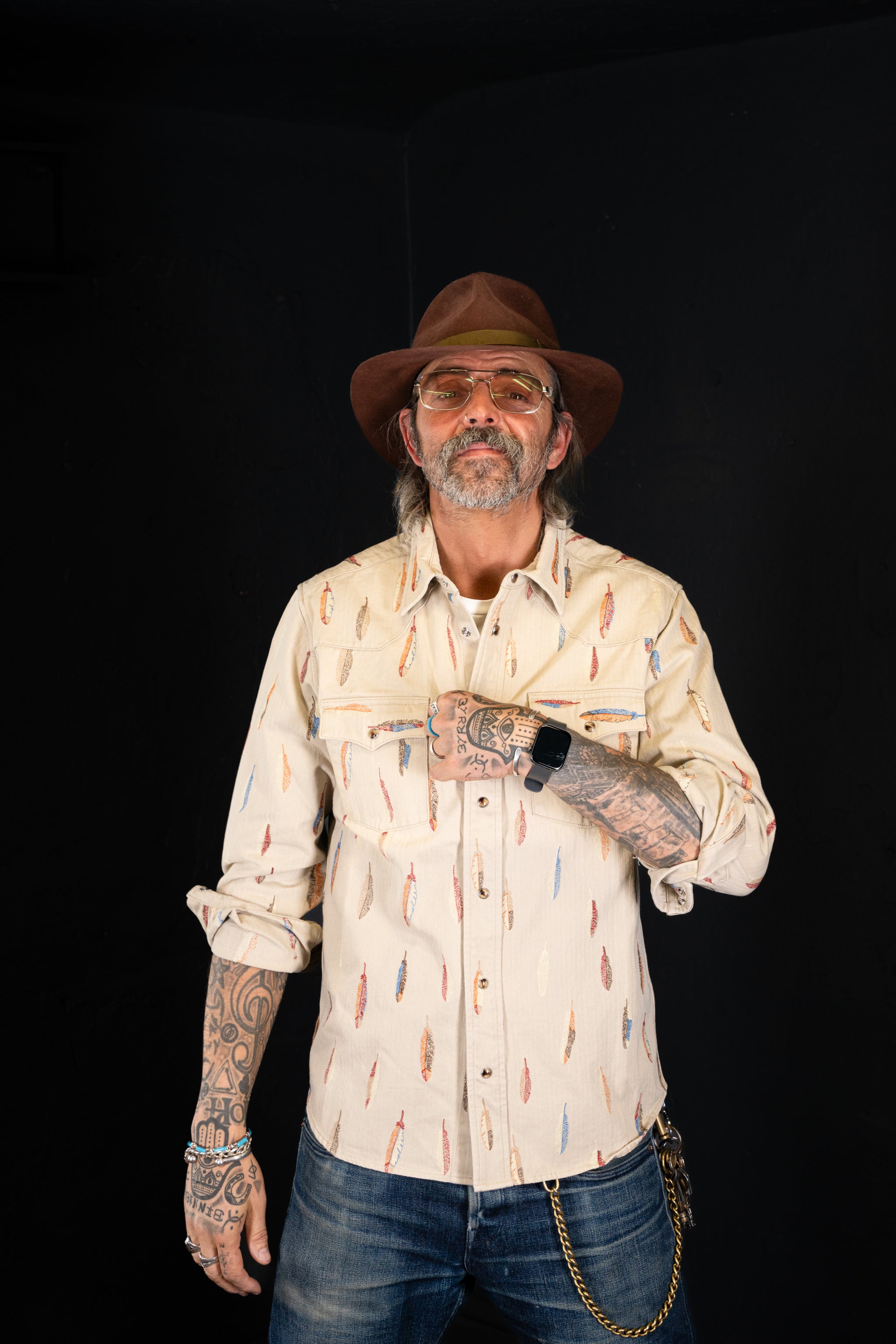 BZEN "THE FIRST AMERICANS" - M.3239-JESSE-FEATHERS REGULAR FIT WESTERN SHIRT- TAN