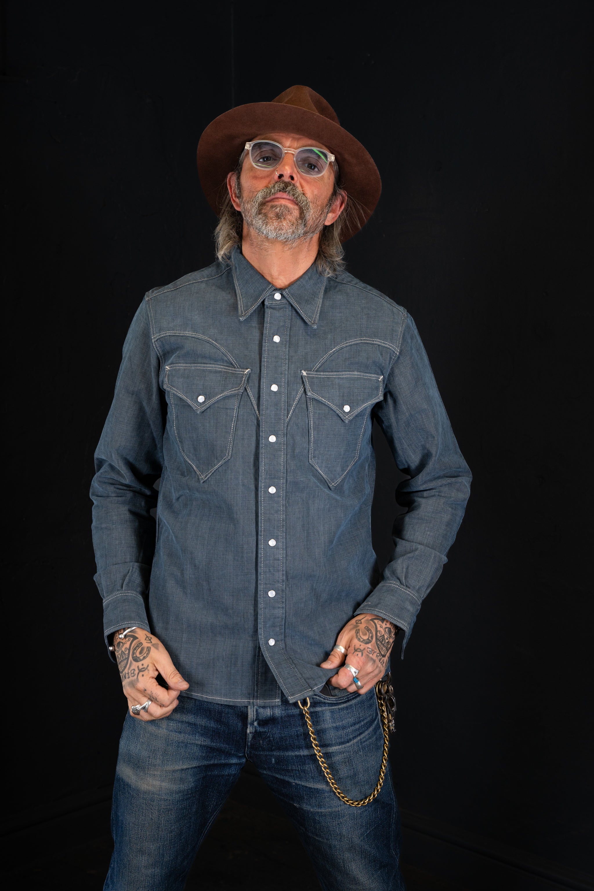 DDL 312R-KALEB V-GB REGULAR FIT 2 POCKET WESTERN SHIRT SANDED GREY BLUE DENIM-11OZ-E1 GREY BLUE