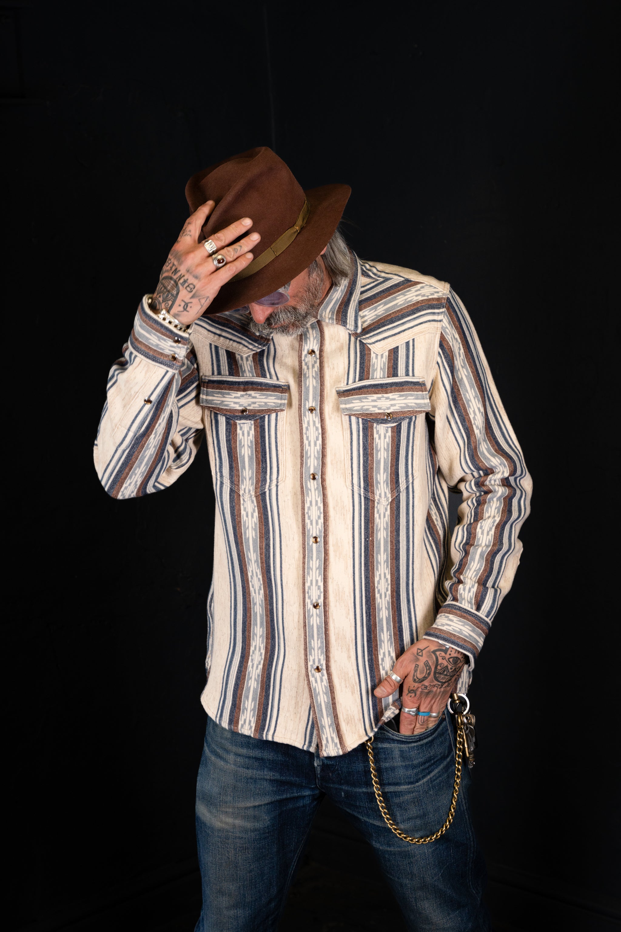 BZEN M.3239R JESSE NAV-SB REGULAR FIT WESTERN SHIRT WITH NATIVE AMERICAN MOTIF JACQUARD WEAVE DESIGN-6OZ-E0 STRIPES