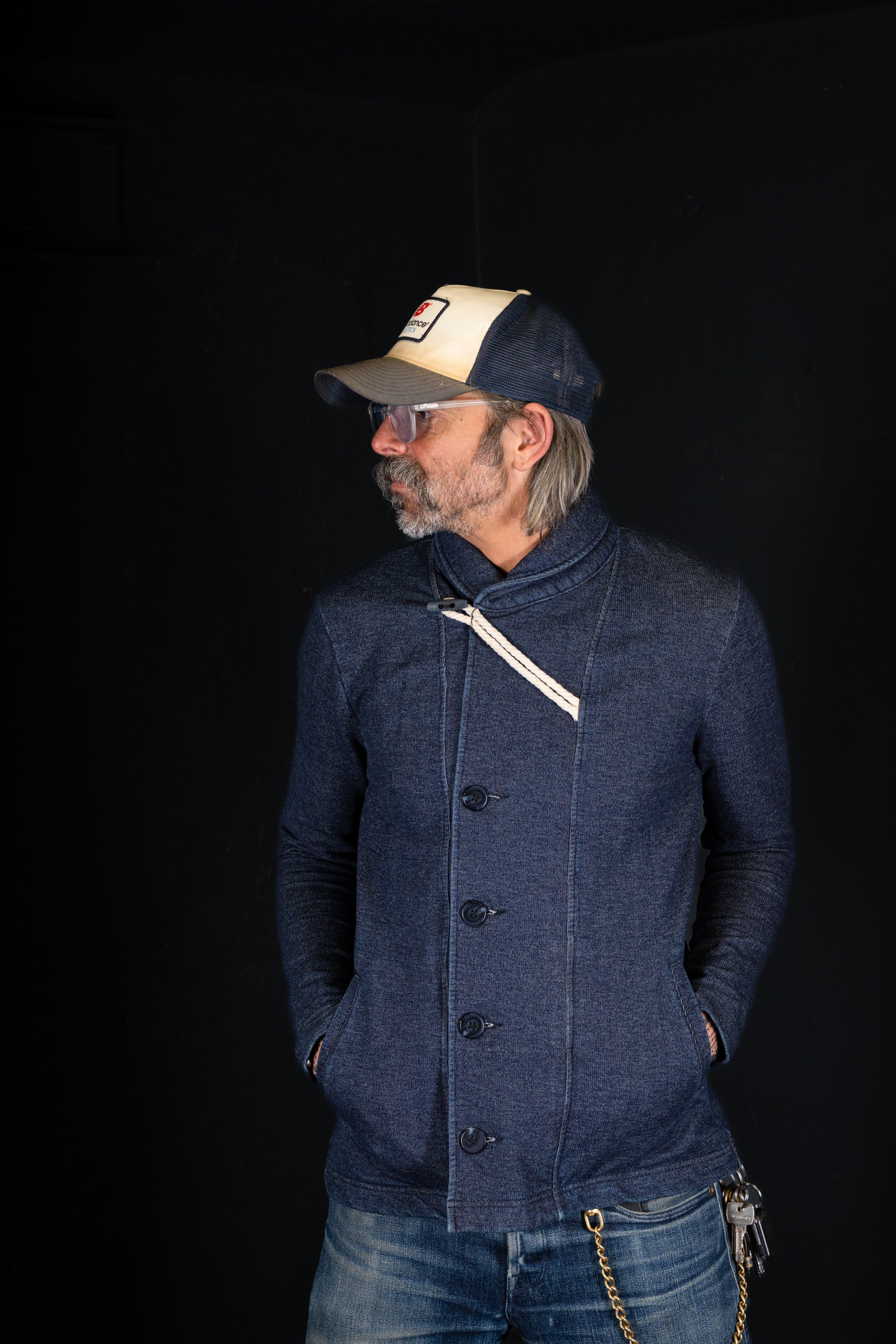 BZEN M.3037 ERNEST 2 POCKET SHAWL COLLAR INDIGO FRENCH TERRY CARDIGAN-425GSM-E0 INDIGO