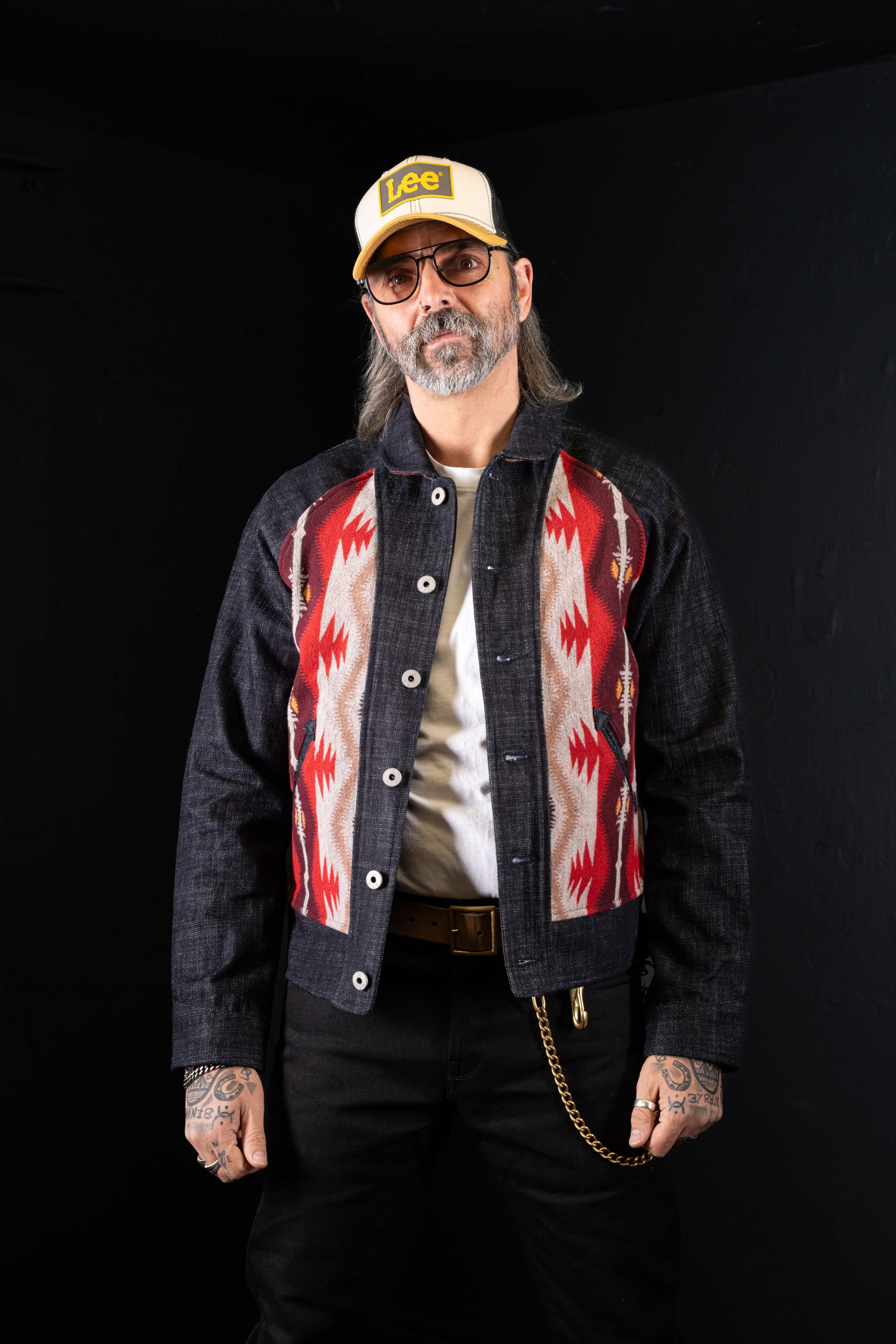 BZEN M.3003R-SANTANA-NR REGULAR FIT RAGLAN SLEEVE NATIVE AMERICAN MOTIF BLANKET PANEL SLUB DENIM COSSACK JACKET-14.5OZ-HRH INDIGO