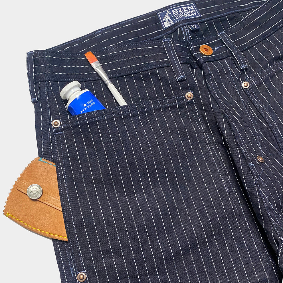 BZEN M.1279 JETHRO-STR DOUBLE PANEL FRONT 6 POCKET SELVEDGE INDIGO STRIPE DENIM PAINTER JEAN-13.8oz-HRH INDIGO STRIPE
