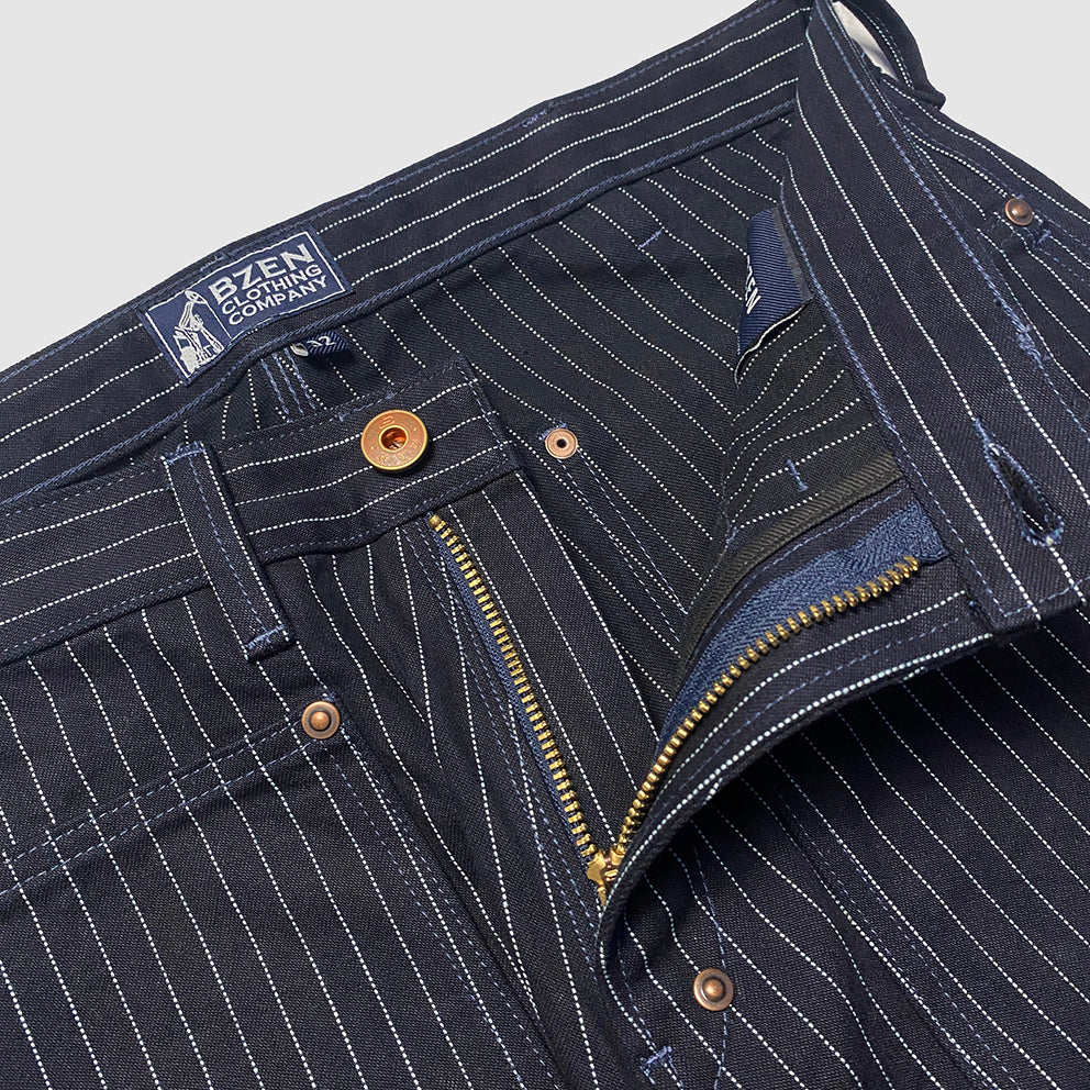 BZEN M.1279 JETHRO-STR DOUBLE PANEL FRONT 6 POCKET SELVEDGE INDIGO STRIPE DENIM PAINTER JEAN-13.8oz-HRH INDIGO STRIPE