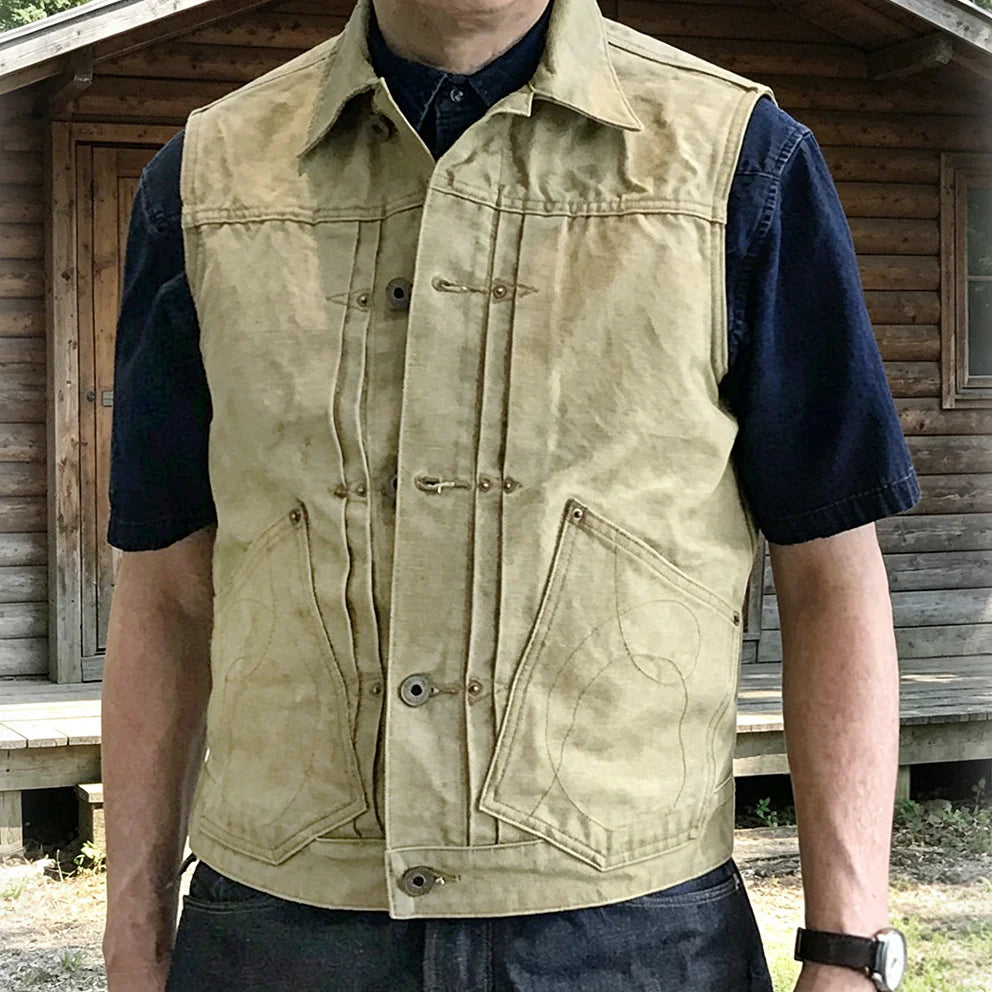 BZEN M.3127-THE CUT REGULAR FIT 2 POCKET BIKER'S VEST-12.5oz-CANVAS-E0 MOSS GREEN